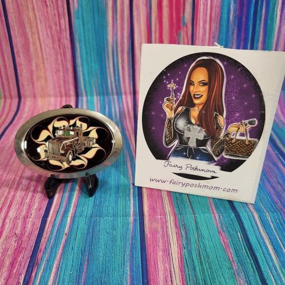 🔷️Tractor Trailer on Red Epoxy Belt Buckle - Picture 1 of 6